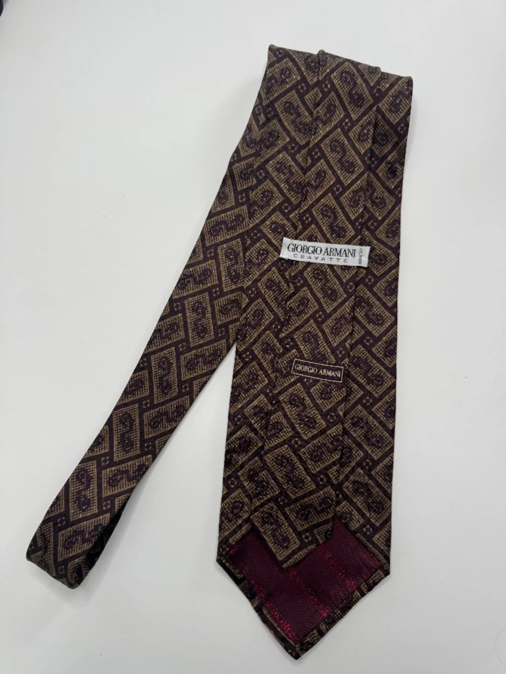 Vintage 80s Giorgio Armani Cravatte Silk Tie - White Label - Brown & Burgundy